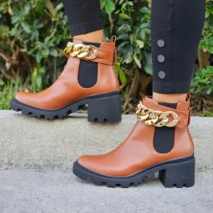 Women's Tan Combat Ankle Boots Heeled Booties