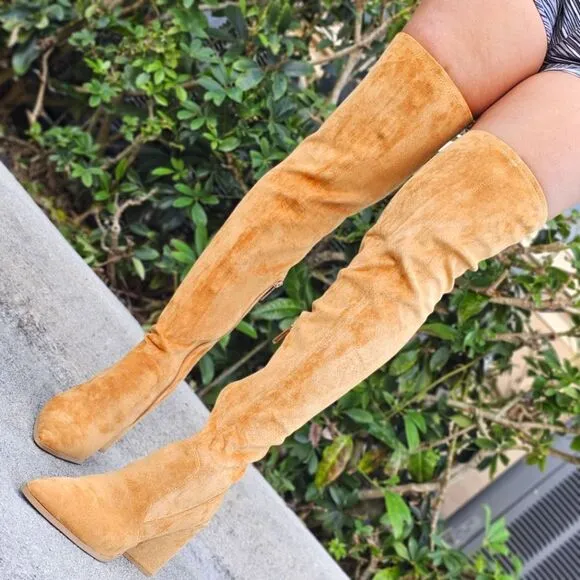 Women's Tan Over The Knee pointed Chunky Block Heel Boots