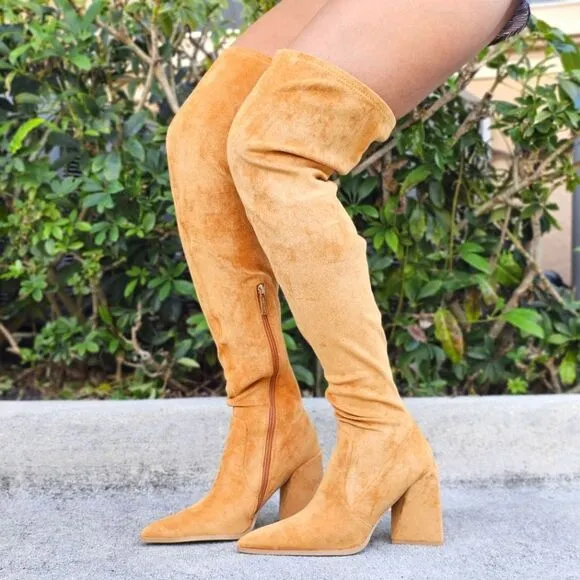 Women's Tan Over The Knee pointed Chunky Block Heel Boots
