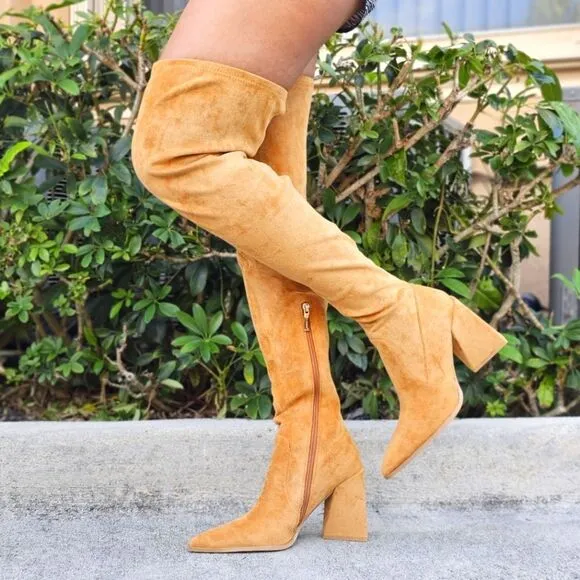 Women's Tan Over The Knee pointed Chunky Block Heel Boots