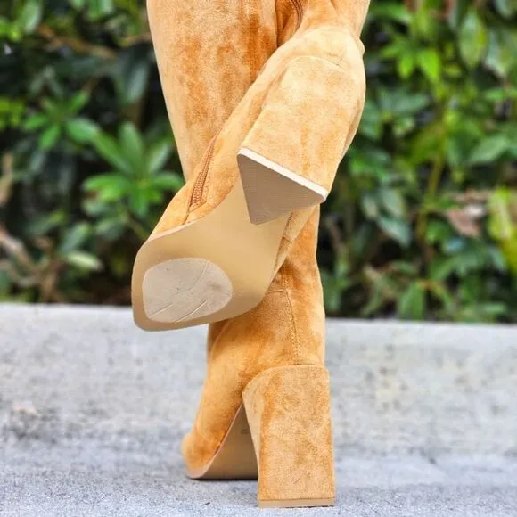 Women's Tan Over The Knee pointed Chunky Block Heel Boots