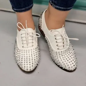 Women's White Silver Studded Lace Up Flat Oxford Shoes