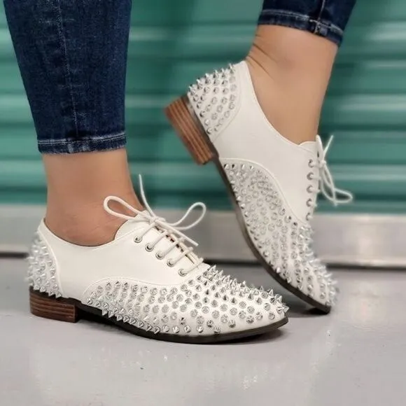 Women's White Silver Studded Lace Up Flat Oxford Shoes