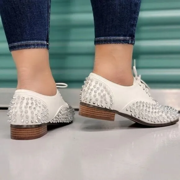 Women's White Silver Studded Lace Up Flat Oxford Shoes