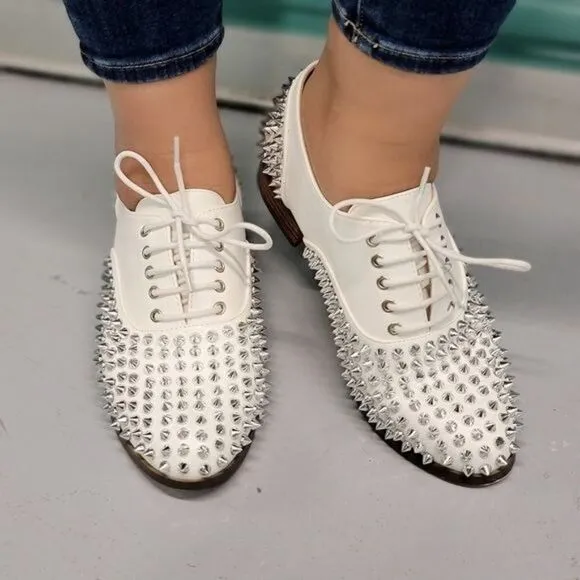 Women's White Silver Studded Lace Up Flat Oxford Shoes
