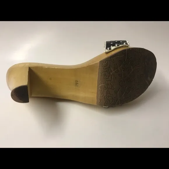 Wooden bow Betsey Johnson heels shoes black white kitten slides vintage pinup