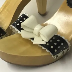 Wooden bow Betsey Johnson heels shoes black white kitten slides vintage pinup
