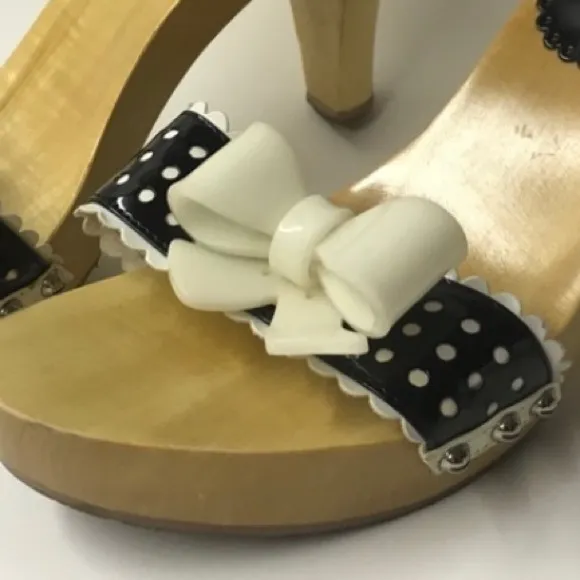 Wooden bow Betsey Johnson heels shoes black white kitten slides vintage pinup