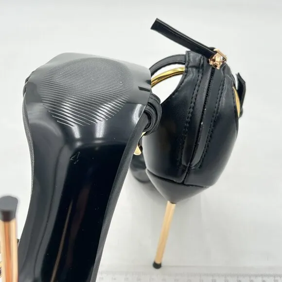 XYD Black Sexy Stiletto Heel Sandals Open Square Toe Metal Ring Back Zip Shoes