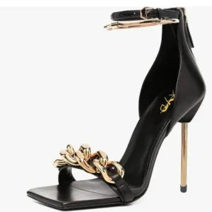 XYD Black Sexy Stiletto Heel Sandals Open Square Toe Metal Ring Back Zip Shoes