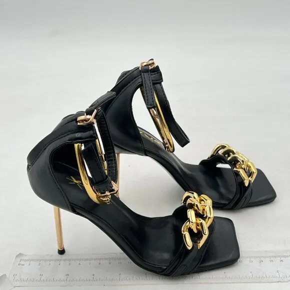 XYD Black Sexy Stiletto Heel Sandals Open Square Toe Metal Ring Back Zip Shoes