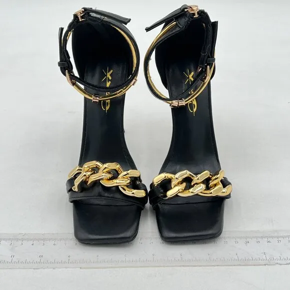 XYD Black Sexy Stiletto Heel Sandals Open Square Toe Metal Ring Back Zip Shoes