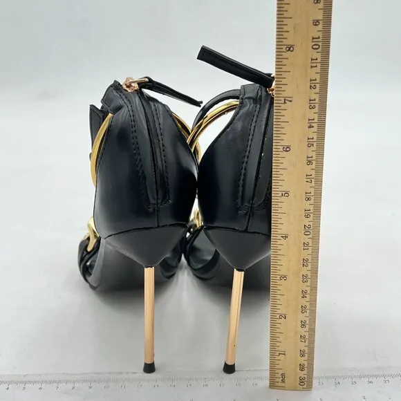 XYD Black Sexy Stiletto Heel Sandals Open Square Toe Metal Ring Back Zip Shoes