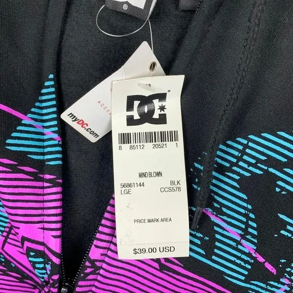 Y2K DC Shoes Full Zip Hoodie Sweatshirt Black Graphic Design Skater Men's Large