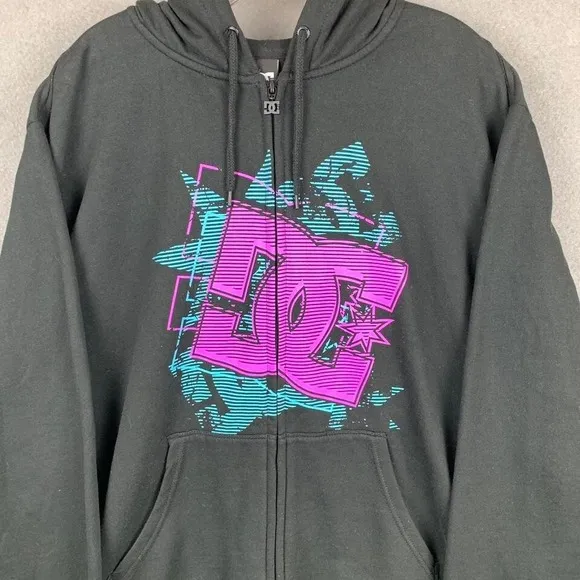 Y2K DC Shoes Full Zip Hoodie Sweatshirt Black Graphic Design Skater Men's Large