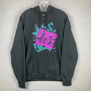 Y2K DC Shoes Full Zip Hoodie Sweatshirt Black Graphic Design Skater Men's Large