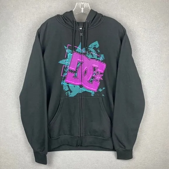 Y2K DC Shoes Full Zip Hoodie Sweatshirt Black Graphic Design Skater Men's Large