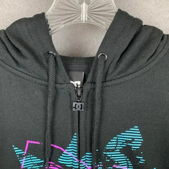 Y2K DC Shoes Full Zip Hoodie Sweatshirt Black Graphic Design Skater Men's Large