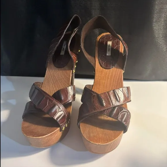 Y2K Miu Miu Wooden Platform Crocodile Print Leather Studded Heels