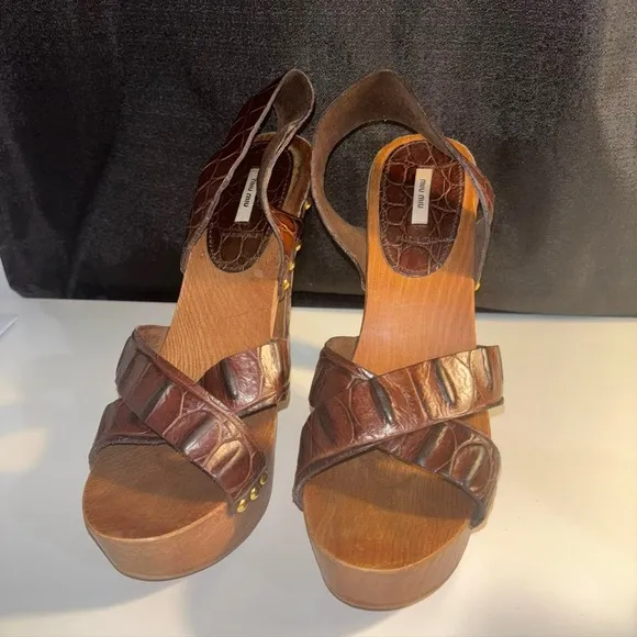 Y2K Miu Miu Wooden Platform Crocodile Print Leather Studded Heels
