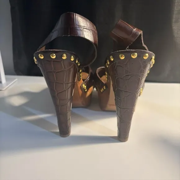 Y2K Miu Miu Wooden Platform Crocodile Print Leather Studded Heels