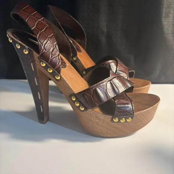 Y2K Miu Miu Wooden Platform Crocodile Print Leather Studded Heels