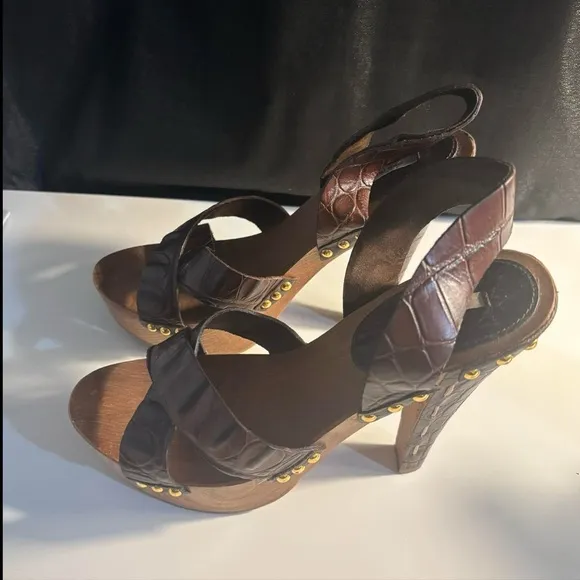 Y2K Miu Miu Wooden Platform Crocodile Print Leather Studded Heels