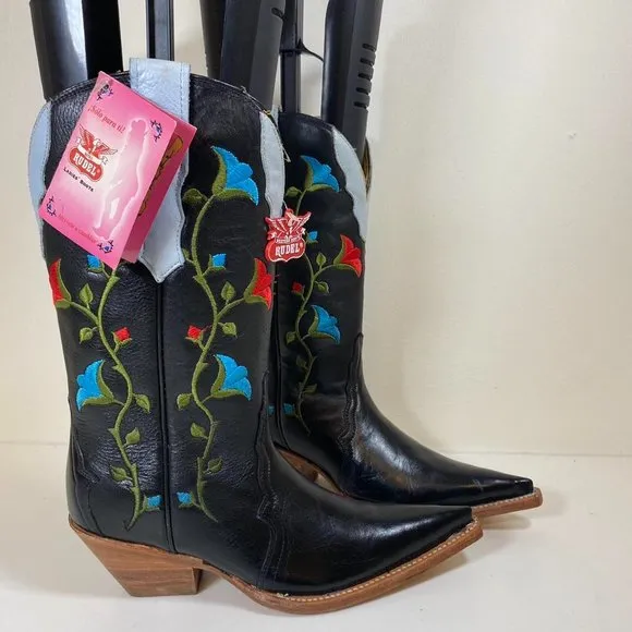 Y2K Western Embroidered Floral Pattern Pointed Toe Boots