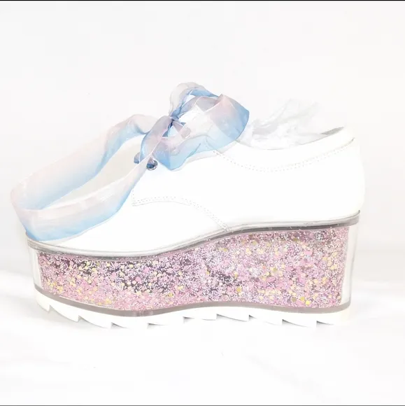 YRU Women's Size 8 White Oxford transparent REFILLABLE Platform Shoes