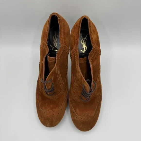 YSL Yves Saint Laurent Genuine Suede Leather Platform Oxford Laced Heels Booties