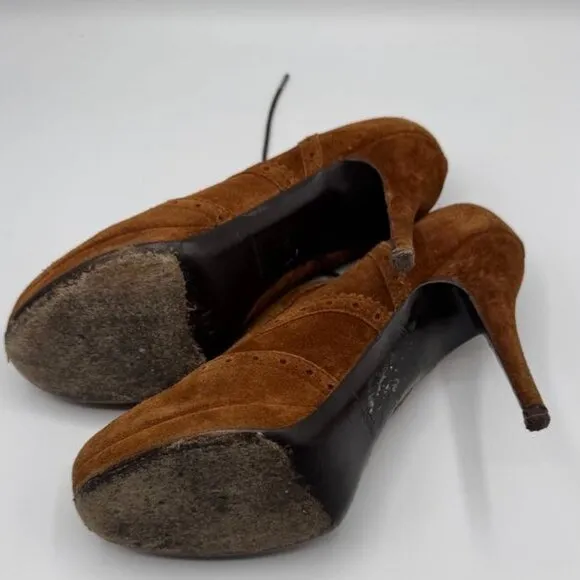 YSL Yves Saint Laurent Genuine Suede Leather Platform Oxford Laced Heels Booties