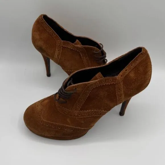 YSL Yves Saint Laurent Genuine Suede Leather Platform Oxford Laced Heels Booties