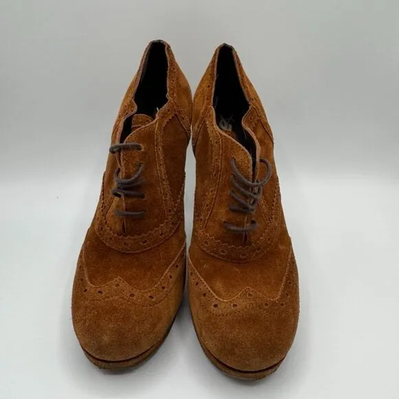 YSL Yves Saint Laurent Genuine Suede Leather Platform Oxford Laced Heels Booties