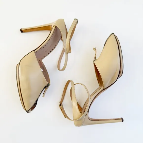 YVES SAINT LAURENT BEIGE TAN LEATHER ZIPPER PEEP TOE FRONT WRAP ANKLE STRAP HEEL
