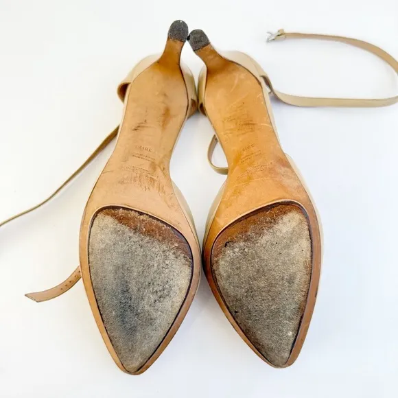 YVES SAINT LAURENT BEIGE TAN LEATHER ZIPPER PEEP TOE FRONT WRAP ANKLE STRAP HEEL