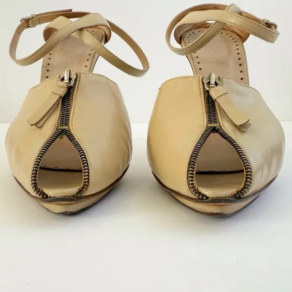 YVES SAINT LAURENT BEIGE TAN LEATHER ZIPPER PEEP TOE FRONT WRAP ANKLE STRAP HEEL
