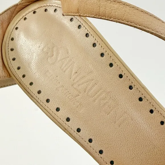 YVES SAINT LAURENT BEIGE TAN LEATHER ZIPPER PEEP TOE FRONT WRAP ANKLE STRAP HEEL