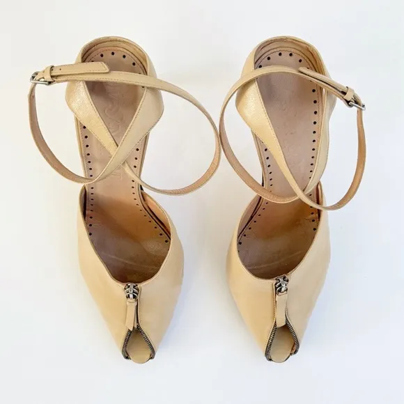 YVES SAINT LAURENT BEIGE TAN LEATHER ZIPPER PEEP TOE FRONT WRAP ANKLE STRAP HEEL