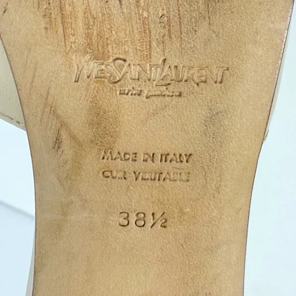YVES SAINT LAURENT BEIGE TAN LEATHER ZIPPER PEEP TOE FRONT WRAP ANKLE STRAP HEEL