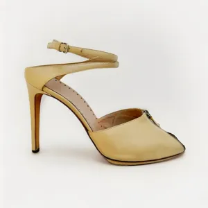 YVES SAINT LAURENT BEIGE TAN LEATHER ZIPPER PEEP TOE FRONT WRAP ANKLE STRAP HEEL
