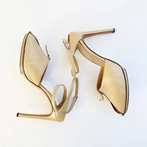 YVES SAINT LAURENT BEIGE TAN LEATHER ZIPPER PEEP TOE FRONT WRAP ANKLE STRAP HEEL
