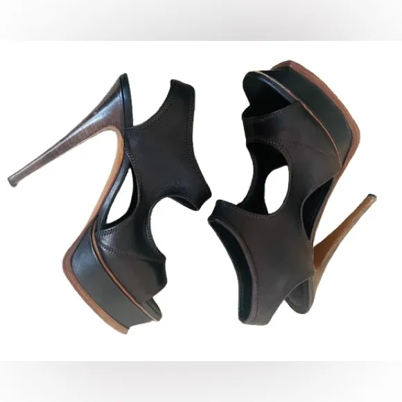 Yves Saint Laurent Dark Brown Soft Leather Cutout Platform SandalsSize 37.5
