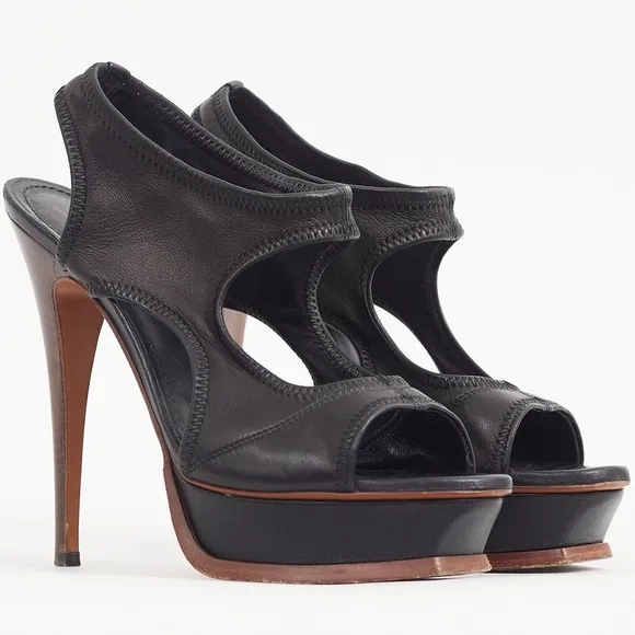 Yves Saint Laurent Dark Brown Soft Leather Cutout Platform SandalsSize 37.5