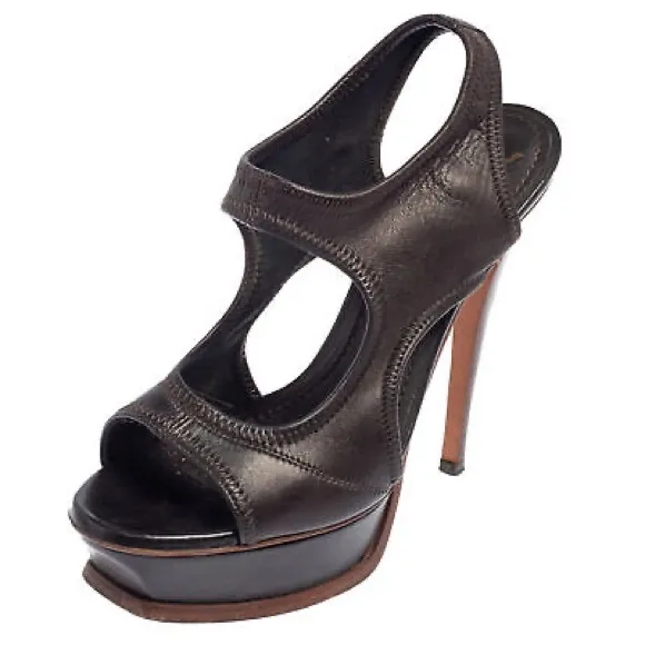 Yves Saint Laurent Dark Brown Soft Leather Cutout Platform SandalsSize 37.5