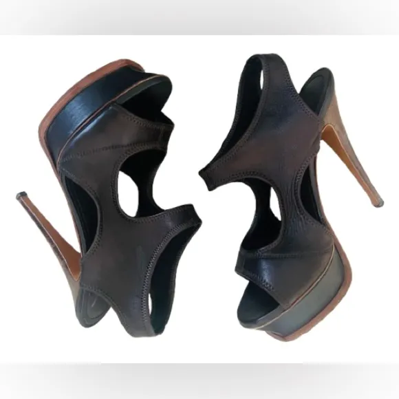 Yves Saint Laurent Dark Brown Soft Leather Cutout Platform SandalsSize 37.5