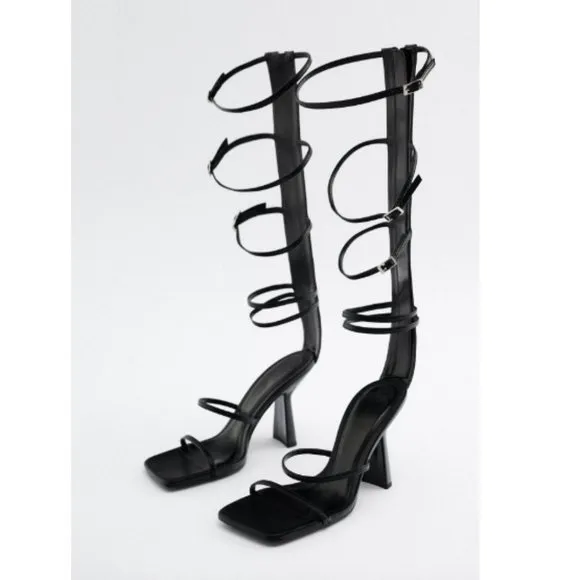 Zara Black Strappy Sandals Heels Sz 7.5 NWT
