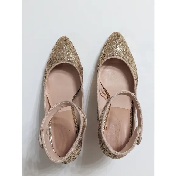 Zara Gold Glitter Mid Heel Shoes With Ankle Strap Women's Size 6
