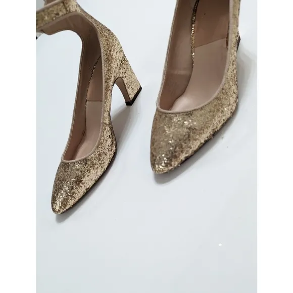 Zara Gold Glitter Mid Heel Shoes With Ankle Strap Women's Size 6