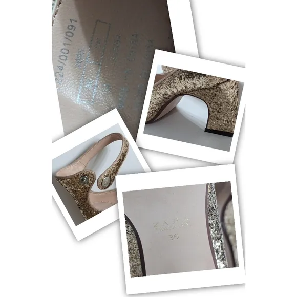 Zara Gold Glitter Mid Heel Shoes With Ankle Strap Women's Size 6