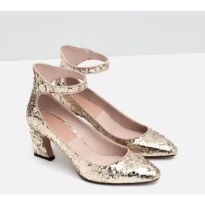 Zara Gold Glitter Mid Heel Shoes With Ankle Strap Women's Size 6